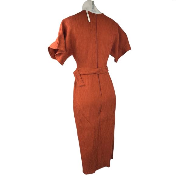 NEW ASOS Brown V-neck Short Sleeve Belted Knee Length Midi Pencil Sheath Dress 0 - Picture 3 of 6